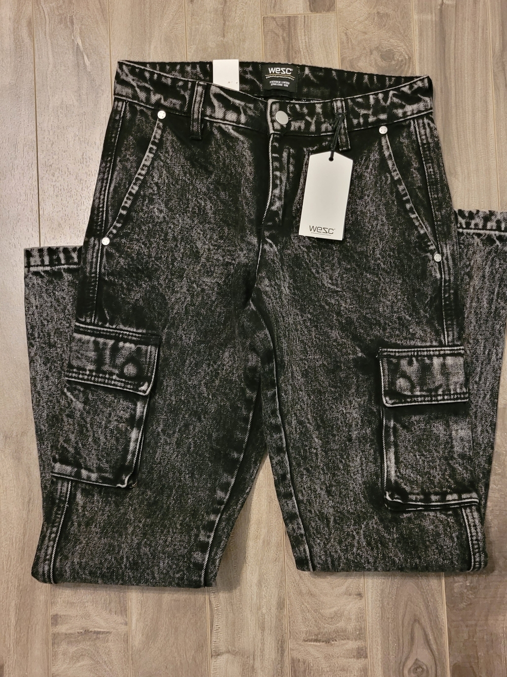 NWT WeSC Unisex Black Acid Wash Cargo Jeans